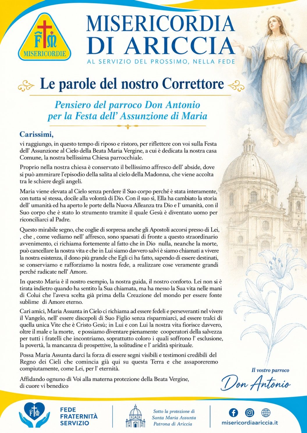 Locandina «Le parole del nostro Correttore»: il testo integrale del pensiero del parroco don Antonio per la Festa dell’Assunzione di Maria, con l’immagine dell’Assunta e il disegno della cupola della Collegiata di Santa Maria Assunta in Cielo di Ariccia