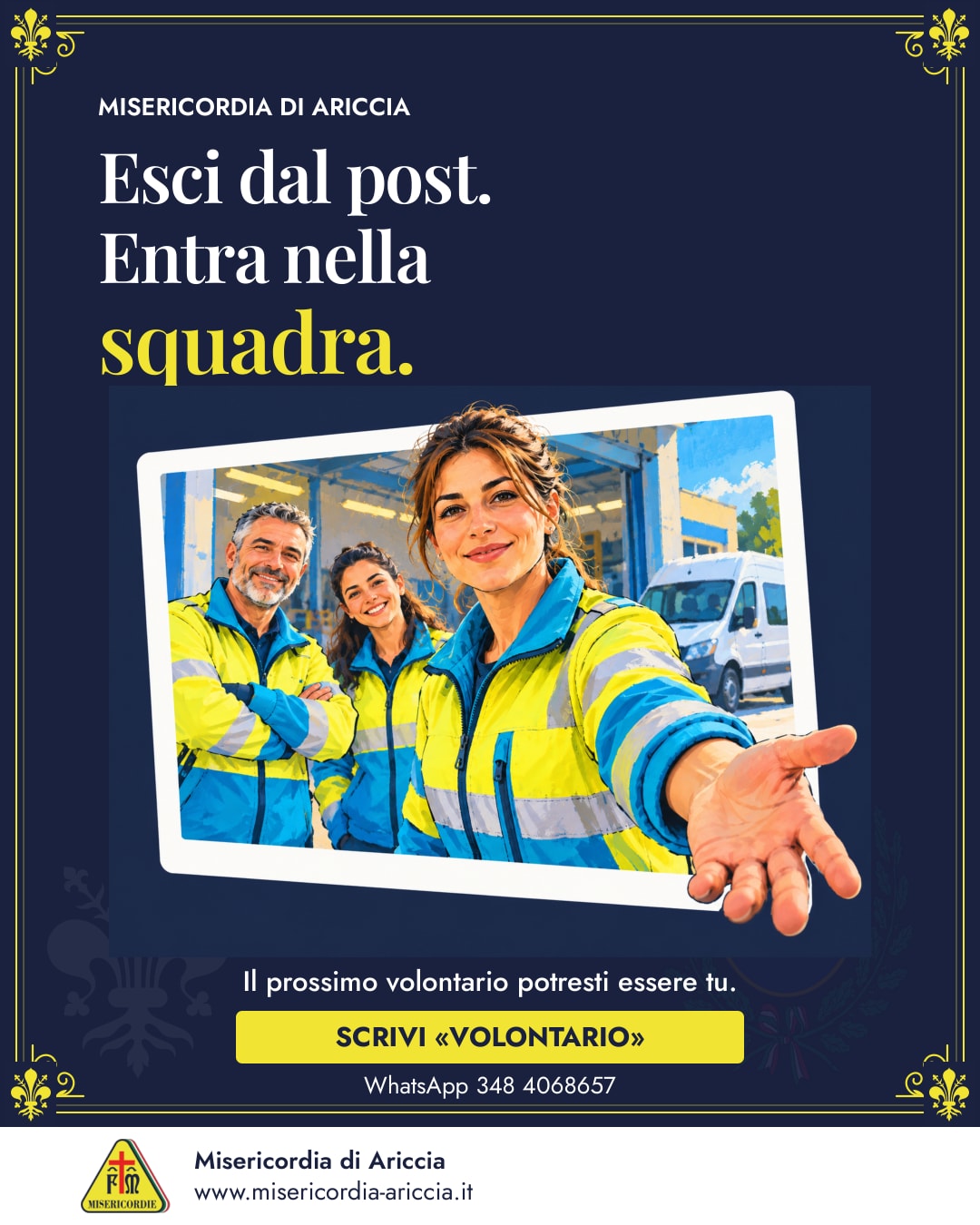 Illustrazione della campagna della Misericordia di Ariccia «Esci dal post. Entra nella squadra»: tre volontari disegnati e una mano tesa che supera la cornice di un post.