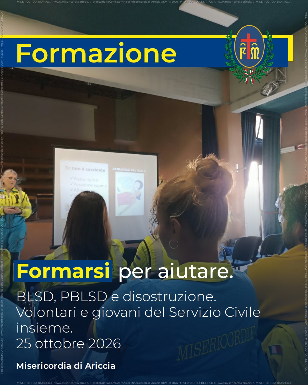 Grafica della Misericordia di Ariccia con una foto della lezione e il messaggio «Formarsi per aiutare»: formazione BLSD, PBLSD e disostruzione per volontari e giovani del Servizio Civile, 25 ottobre 2026.