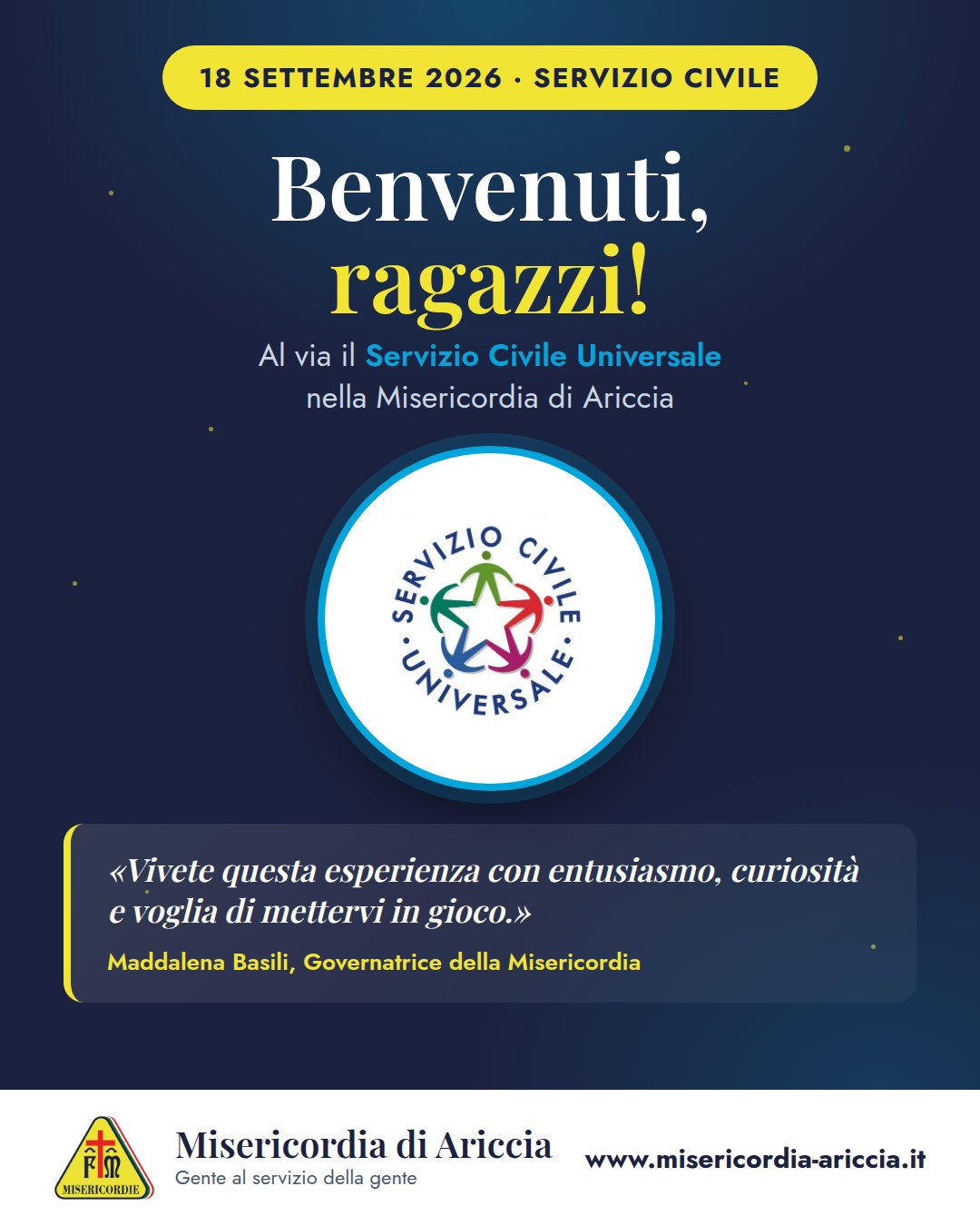Grafica della Misericordia di Ariccia per l’avvio del Servizio Civile Universale 2026-2027: il logo del Servizio Civile Universale dentro la cornice ciano, il titolo «Benvenuti, ragazzi!» e il saluto della Governatrice Maddalena Basili