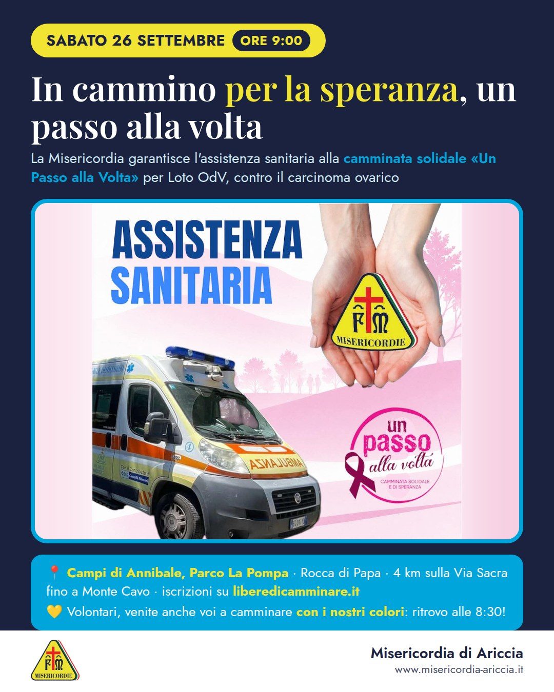 Grafica della Misericordia di Ariccia per la camminata solidale «Un Passo alla Volta» del 26 settembre 2026 a Rocca di Papa: l’ambulanza, le mani che reggono il logo delle Misericordie e il logo dell’evento con il nastro viola