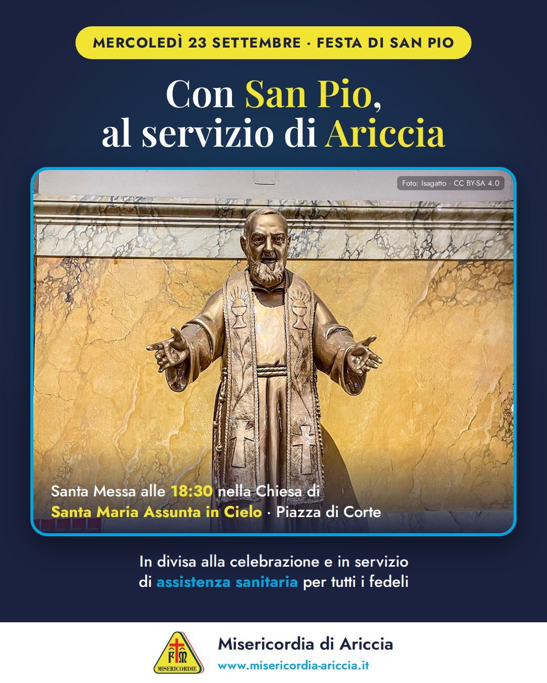 Grafica della Misericordia di Ariccia per la festa di San Pio del 23 settembre 2026: la statua in bronzo di San Pio con le braccia aperte, la Santa Messa delle 18:30 nella Chiesa di Santa Maria Assunta in Cielo e l’assistenza sanitaria dei volontari