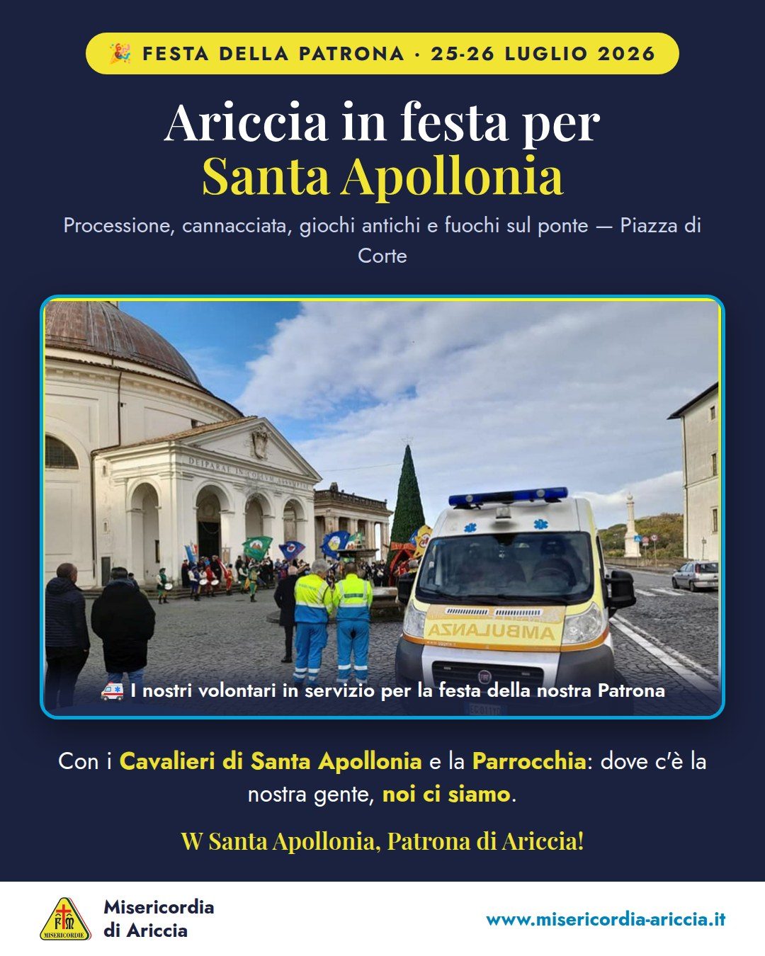 Grafica della Misericordia di Ariccia per la Festa di Santa Apollonia 2026: l’ambulanza in Piazza di Corte davanti alla chiesa di Santa Maria Assunta, con gli sbandieratori sullo sfondo