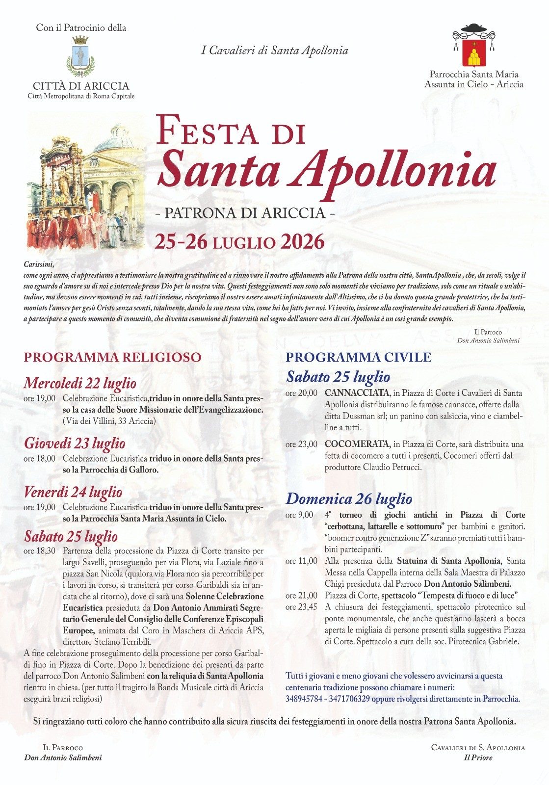 Locandina ufficiale della Festa di Santa Apollonia 2026, Patrona di Ariccia, 25-26 luglio: programma religioso e civile completo, con il patrocinio della Città di Ariccia, a cura dei Cavalieri di Santa Apollonia e della Parrocchia Santa Maria Assunta in Cielo