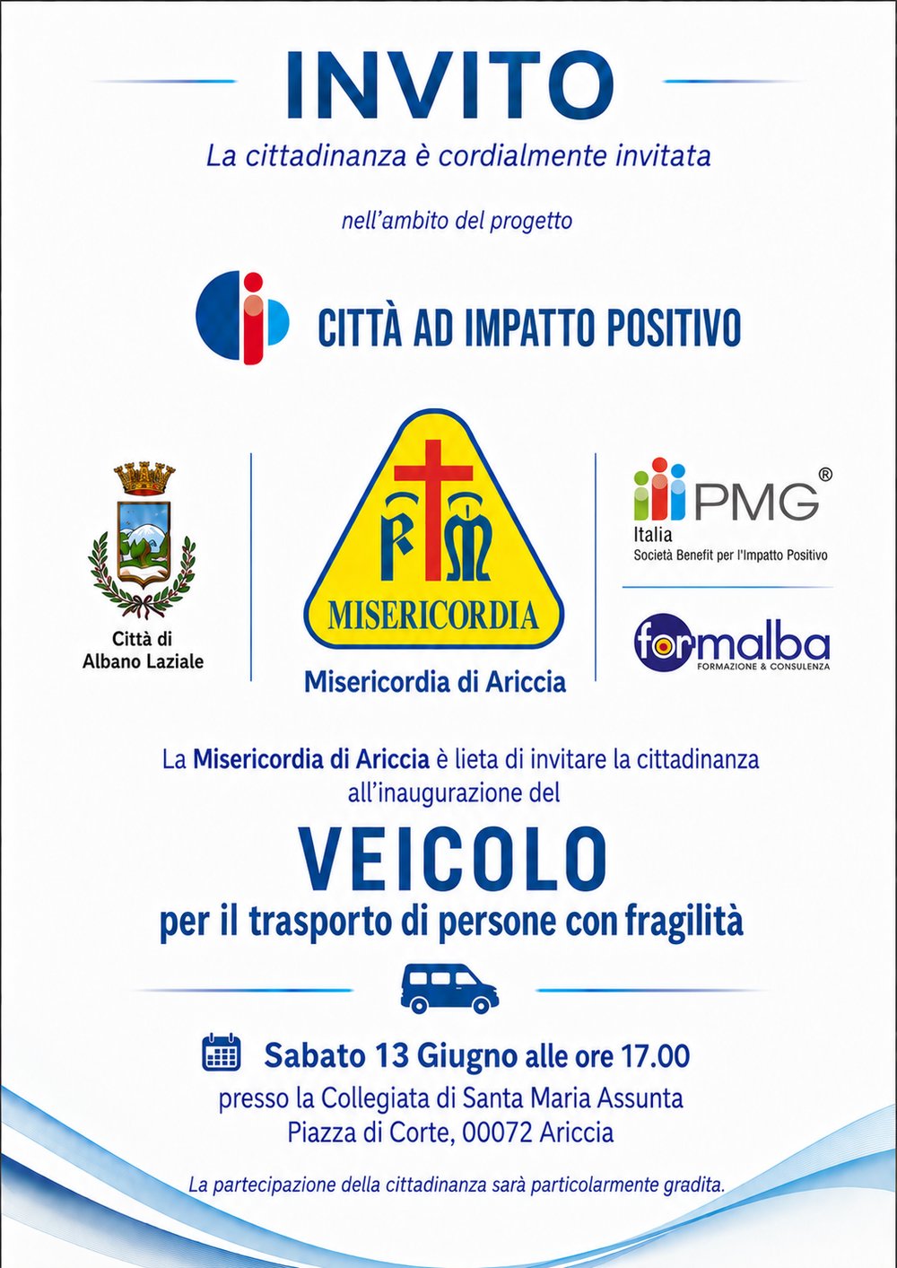 Invito all’inaugurazione del veicolo per il trasporto di persone con fragilità — sabato 13 giugno ore 17.00, Collegiata di Santa Maria Assunta, Ariccia