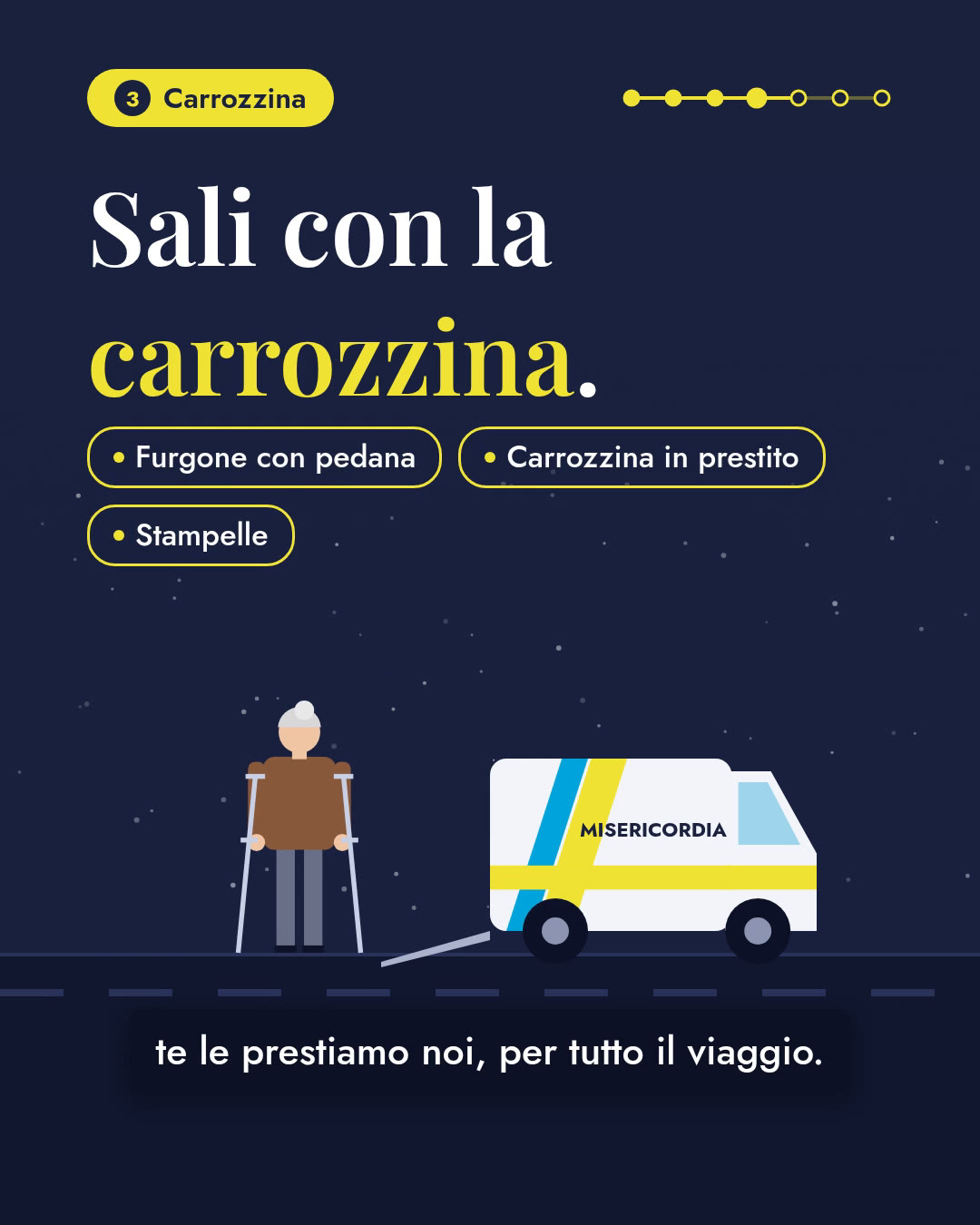 Sali con la carrozzina: furgone con pedana, carrozzina in prestito e stampelle. Una scena del video della Misericordia di Ariccia