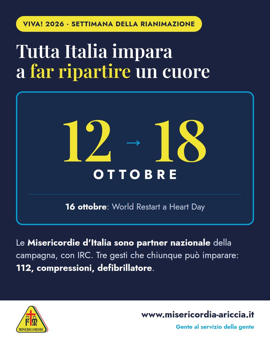 Grafica: VIVA! 2026, la settimana della rianimazione dal 12 al 18 ottobre, con il World Restart a Heart Day del 16 ottobre