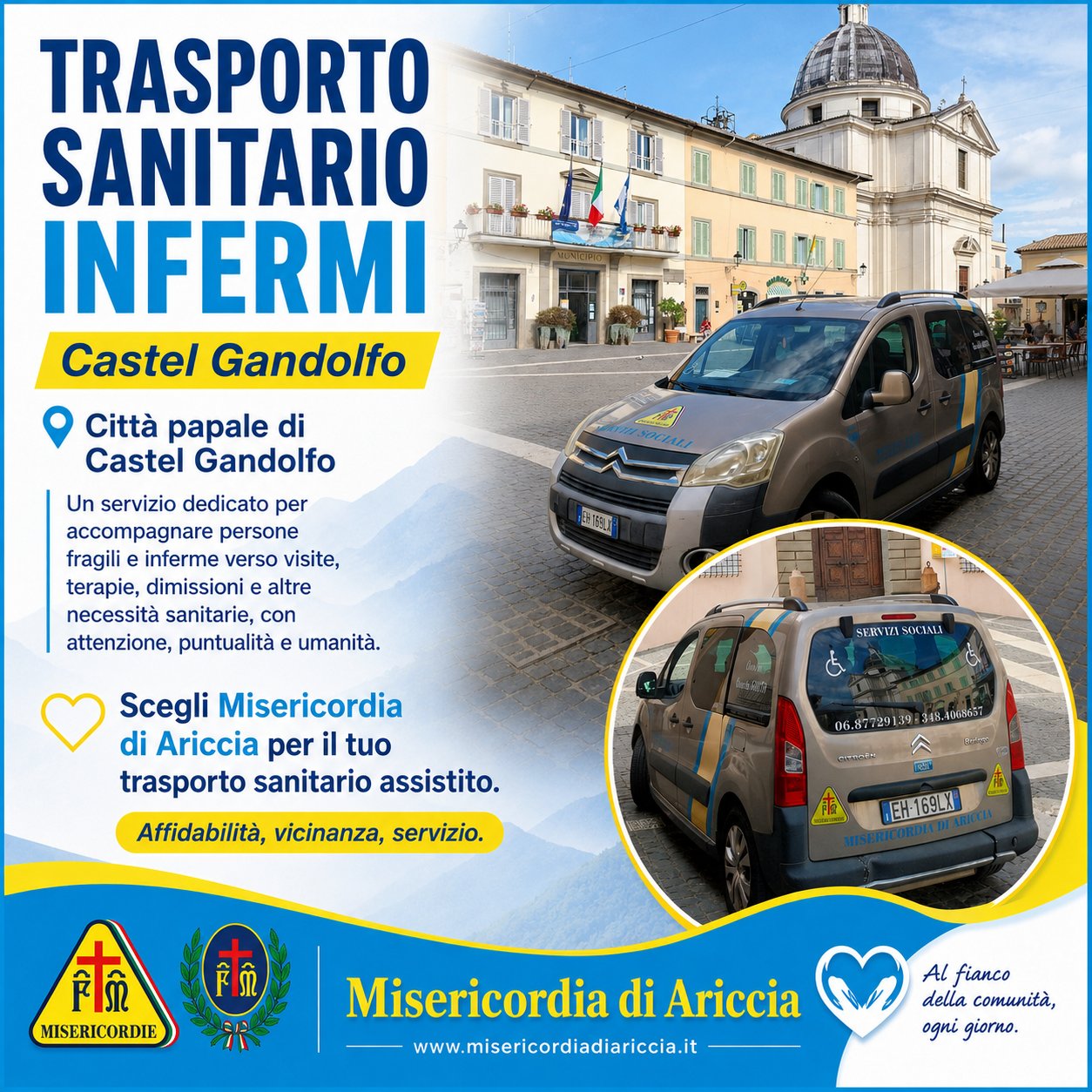 Trasporto sanitario per persone inferme della Misericordia di Ariccia nella Città papale di Castel Gandolfo