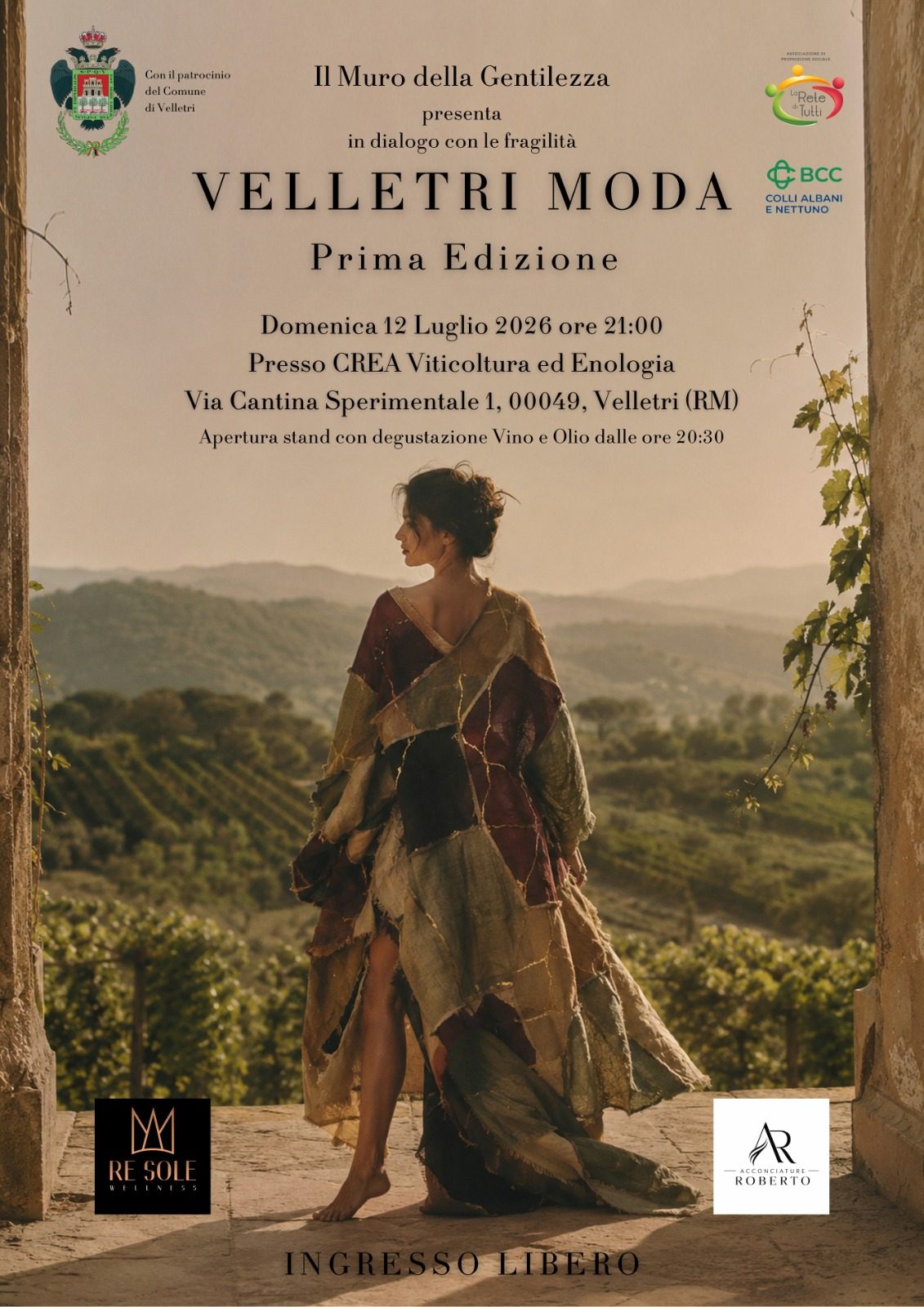 Locandina di Velletri Moda – Prima Edizione: domenica 12 luglio 2026 ore 21:00 presso il CREA Viticoltura ed Enologia di Velletri