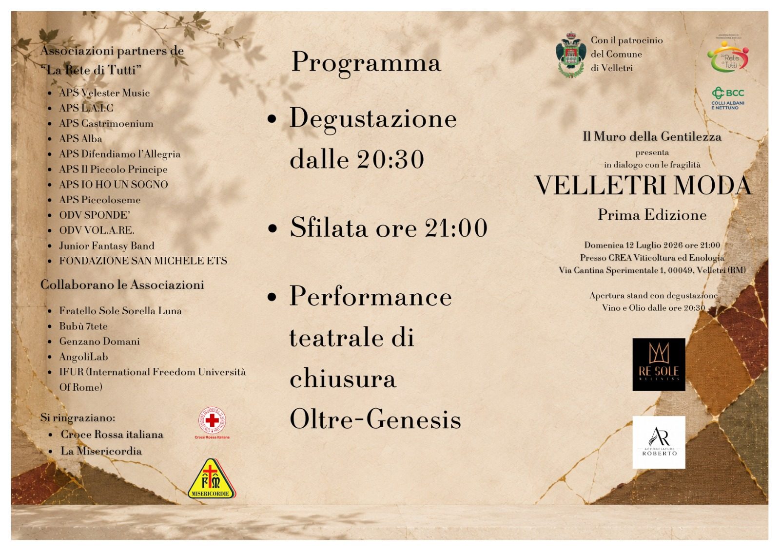 Programma di Velletri Moda: degustazione dalle 20:30, sfilata ore 21:00, performance teatrale di chiusura Oltre-Genesis