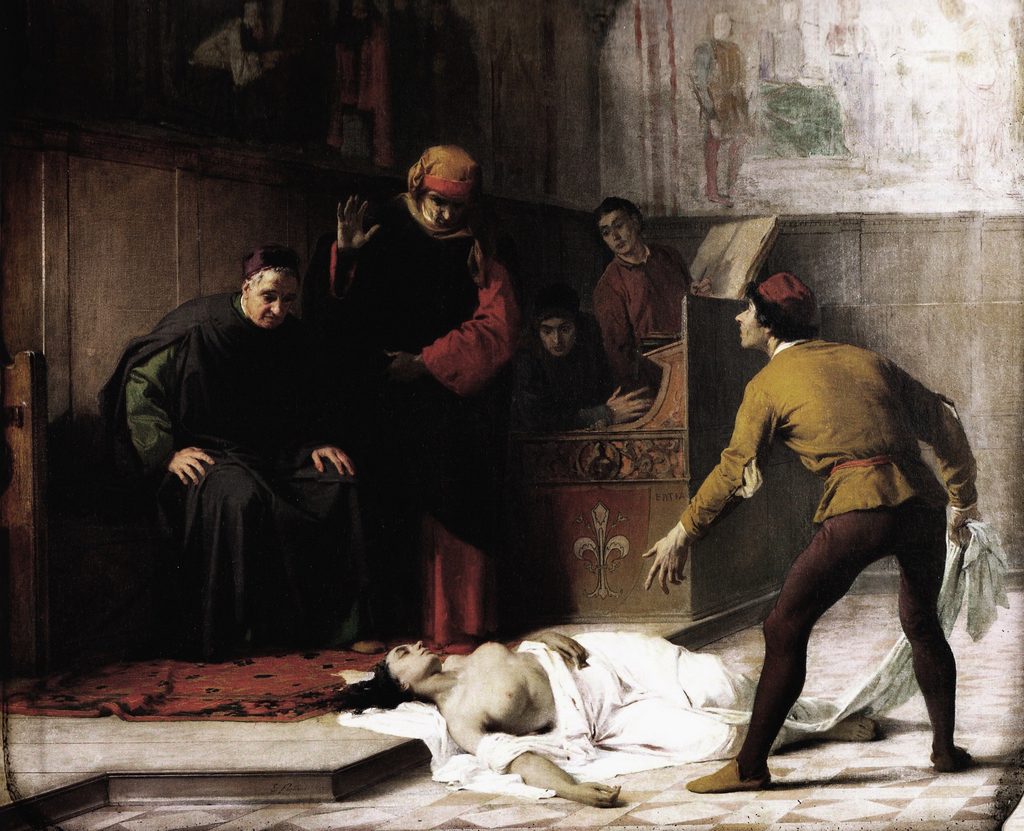 Dipinto ottocentesco che raffigura l'origine della Compagnia della Misericordia di Firenze