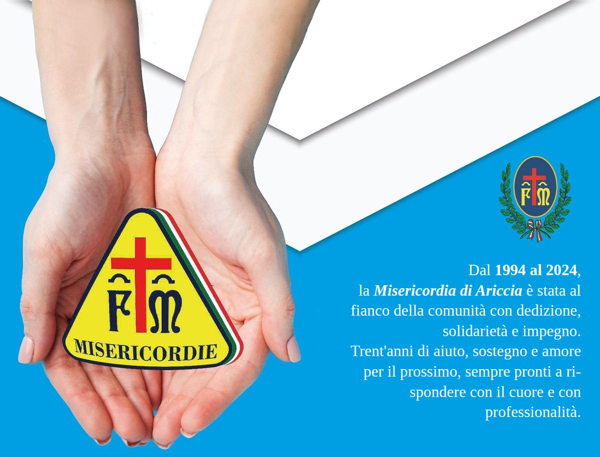 Graphic for the thirtieth anniversary of the Misericordia di Ariccia (1994–2024): the Misericordie logo held in two open hands